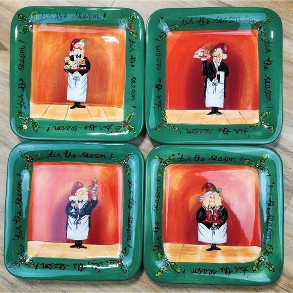 🩵Fat Chef Holiday Green "Tis the Season" Square Salad/Dessert Plates Set of 4 - Picture 2 of 13